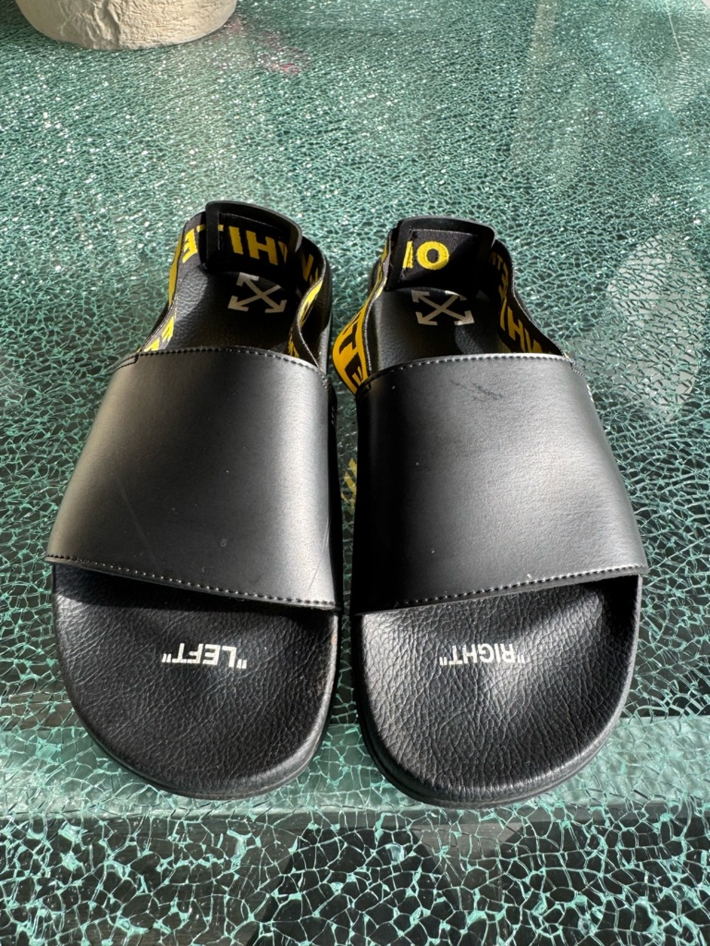 Off-White Black Slides with Yellow Branded Sling 44